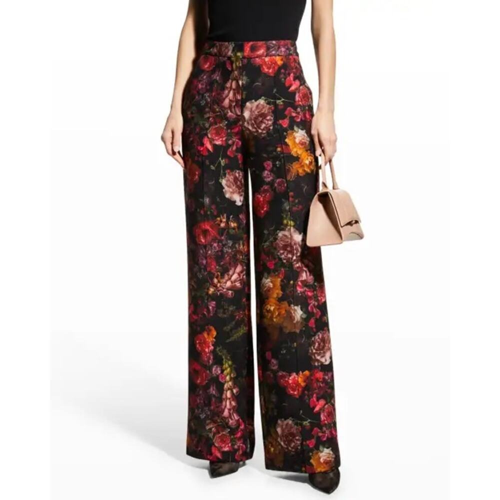 Adam Lippes Floral Print Pintuck Wide Leg Trousers Size 12
